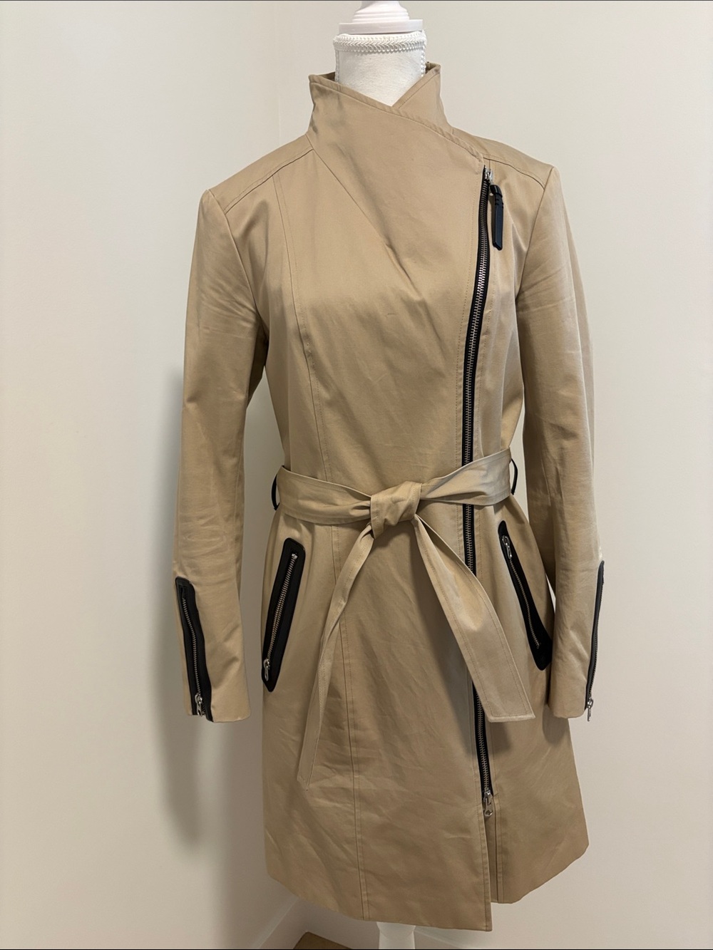 Mackage Beige Asymmetric Zip Tie-Waist Trench Coat with leather accents